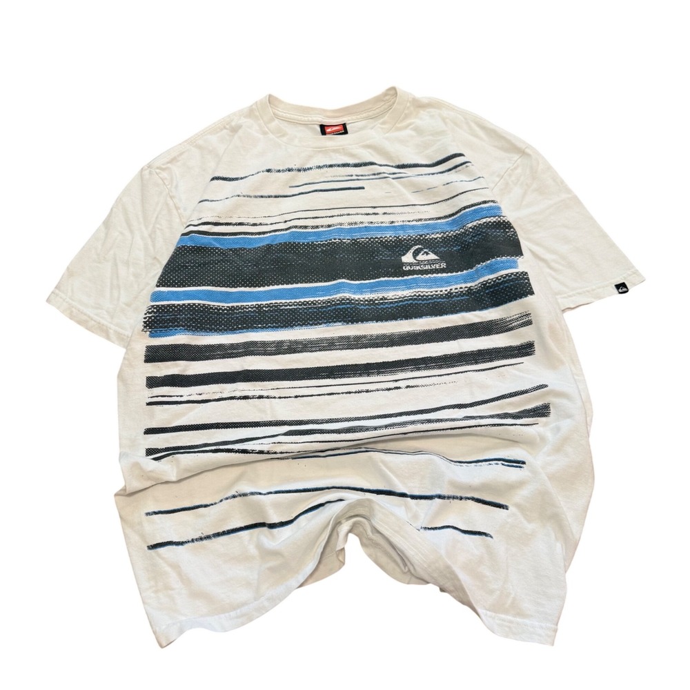 Quiksilver Mens Graphic T-Shirt White Blue Striped Abstract Surf Skate Size L